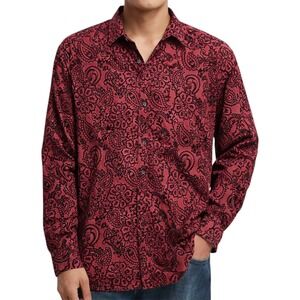Society of Threads Cheetah Velvet Flocked Long Sleeve Men's Shirt  Red size S
